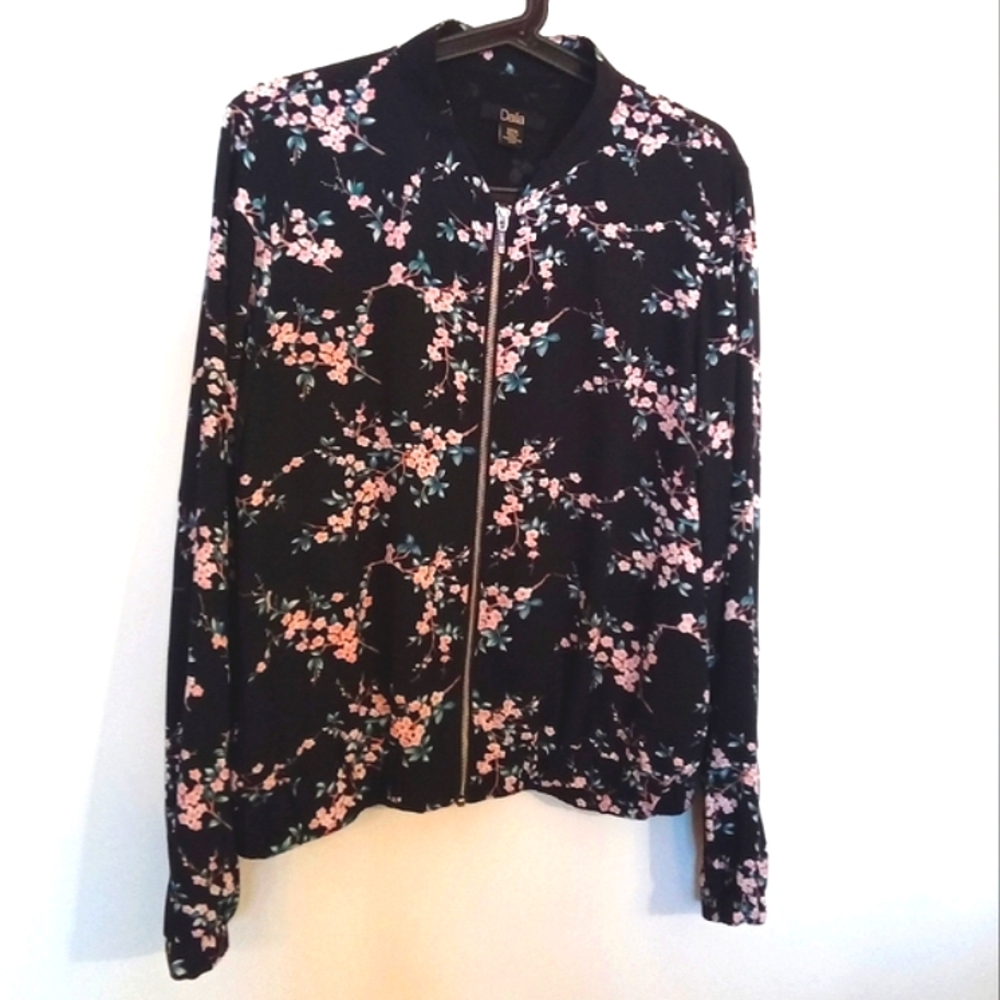 Dalia Women's Black Satin Zip-Up Bomber Jacket with Pretty Floral Medium